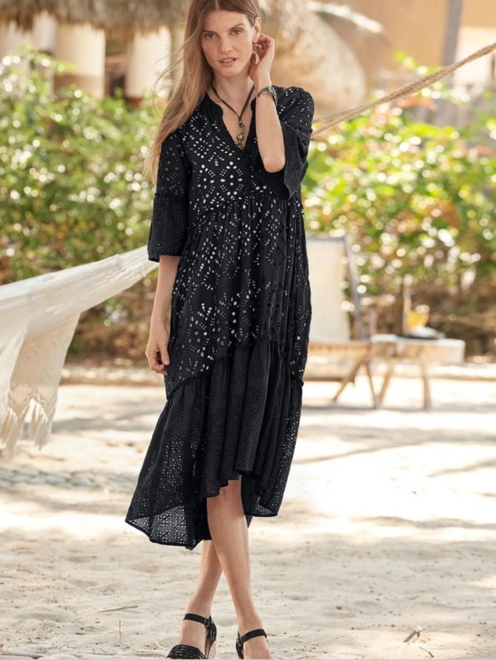 Sundance Selma Black Eyelet‎ Midi Dress